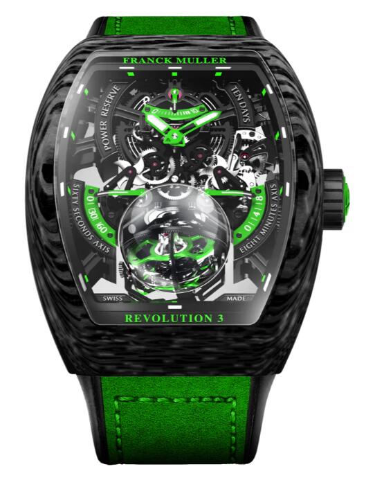 Review Franck Muller Vanguard Revolution 3 Skeleton Carbon - Green V50 REV 3 PR SQT CARBONE NR (VR) Replica Watch - Click Image to Close